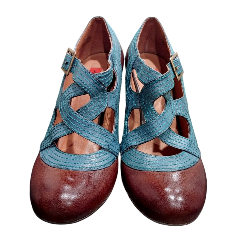 Miz Mooz Soho Brown Teal Leather Mary Jane Retro Pin Up Heels Women's Size 7.5 - Picture 4 of 10